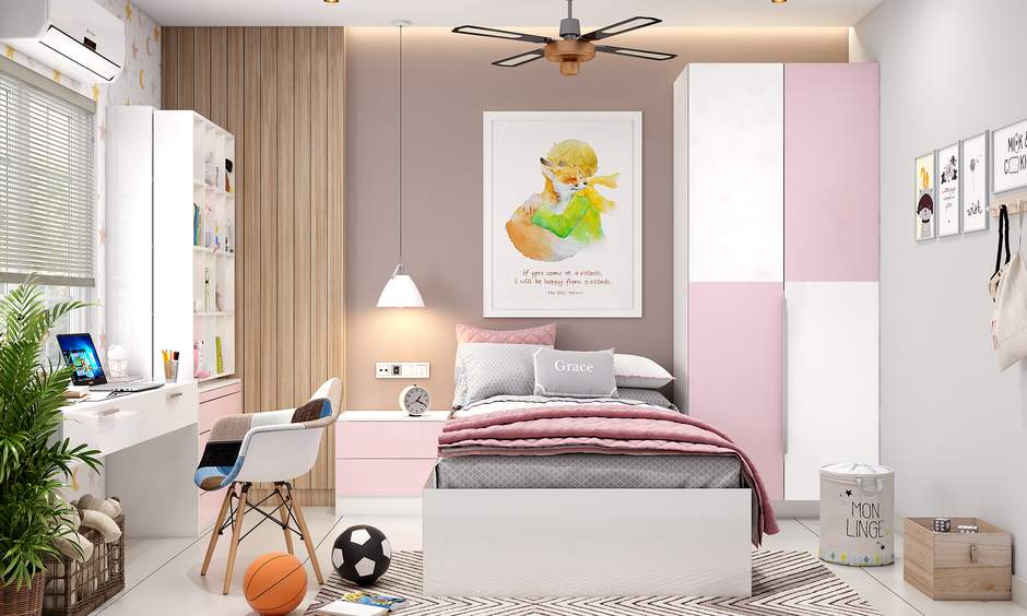 modern kids bedroom with bookshelf
