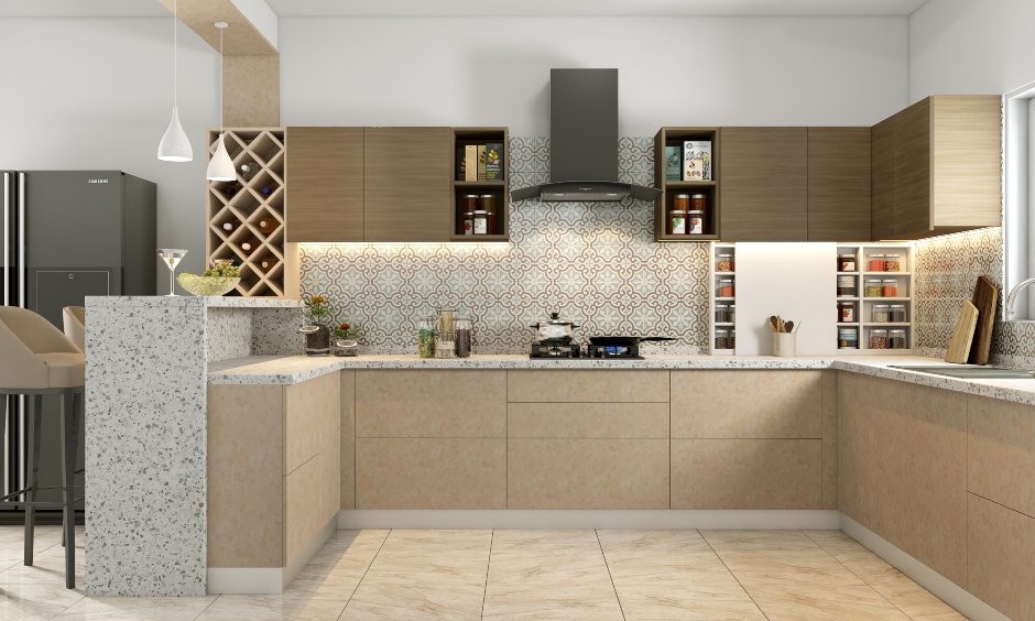 Modern kitchen with breakfast counter cum bar counter to enjoy meal time