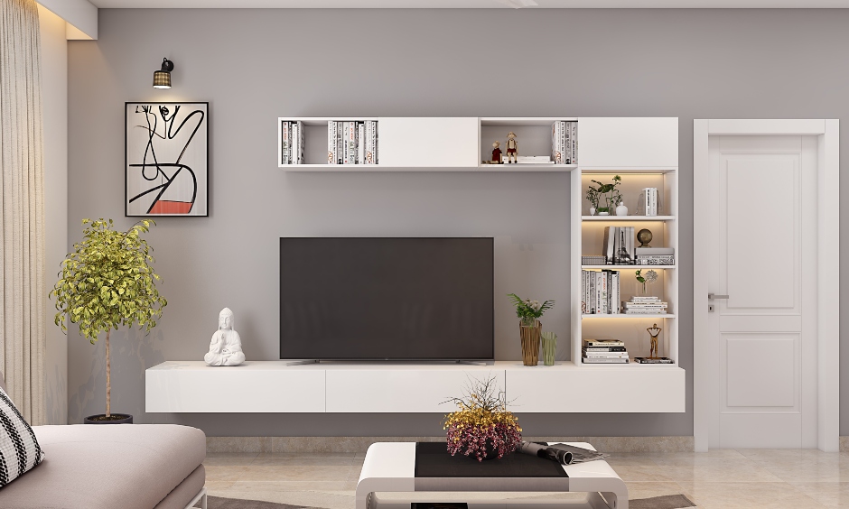 Modern living room design features multifunctional tv unit with tall bookshelf attached