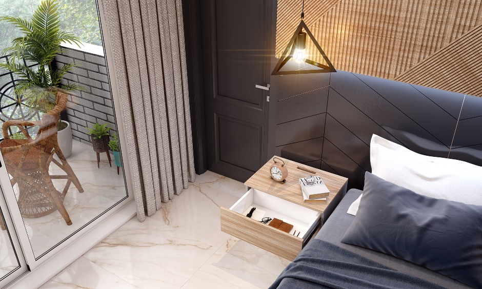 Modern minimalist bedroom with bedside table in light wood finish