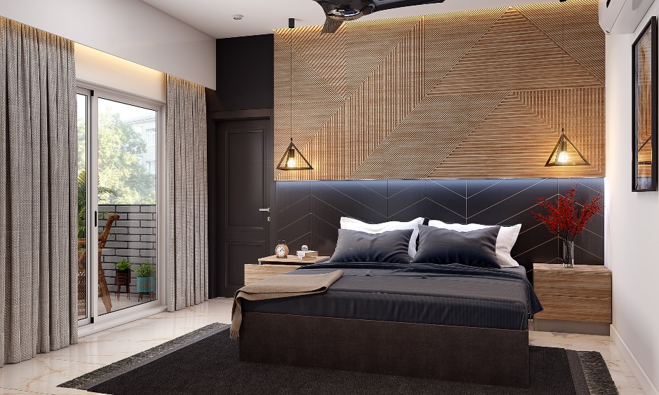 Modern minimalist bedroom features queen size-bed and wall-hung lights