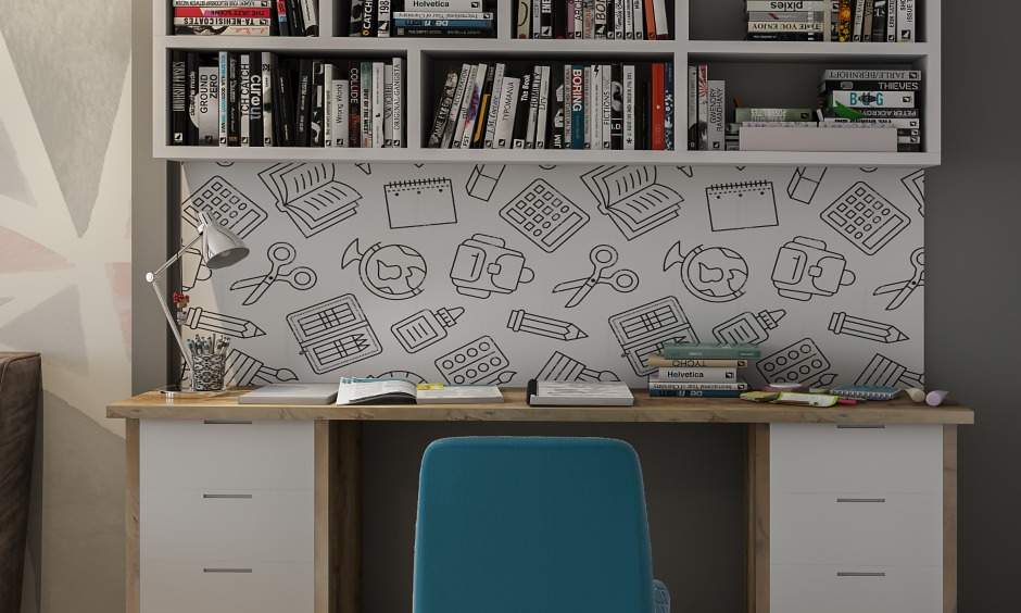 Room design with a study unit with drawers for storage in small apartments