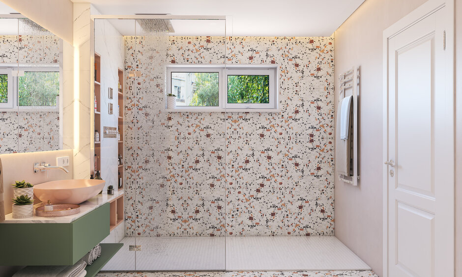 Modular bathroom design with shower area, marble backdrop, and anti-slip mosaic tiles on the floor.