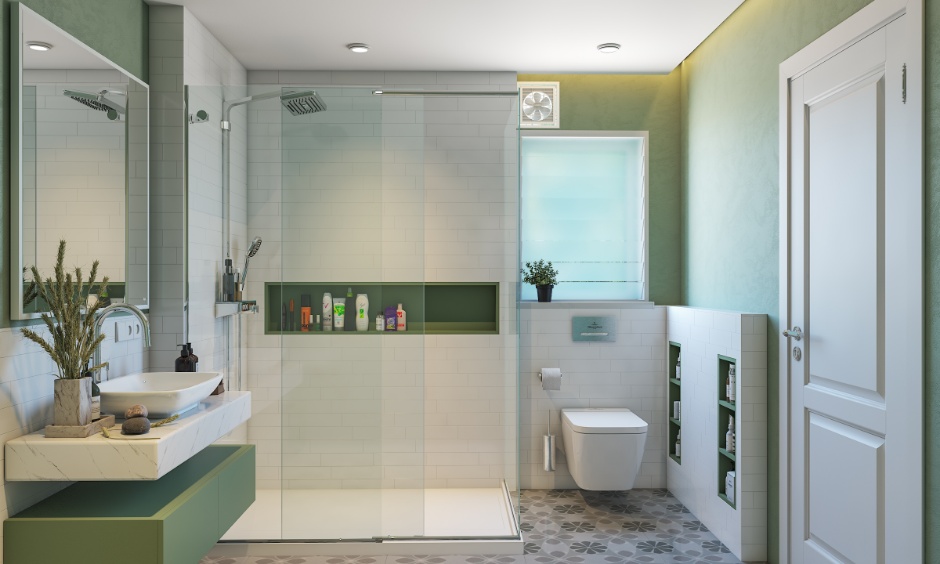 White and Olive Green modular bathroom interior with tiled shower cubicle and wall niche.