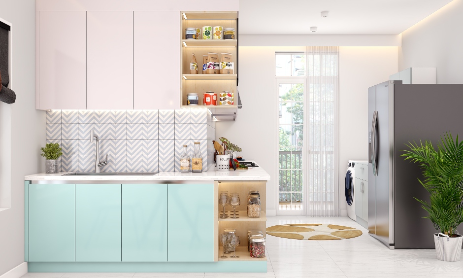 Modular kitchen includes outer l-corner of the base unit, offering quick crockery access