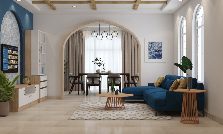 Moroccan living room interior separated from the dining space with an arched wall