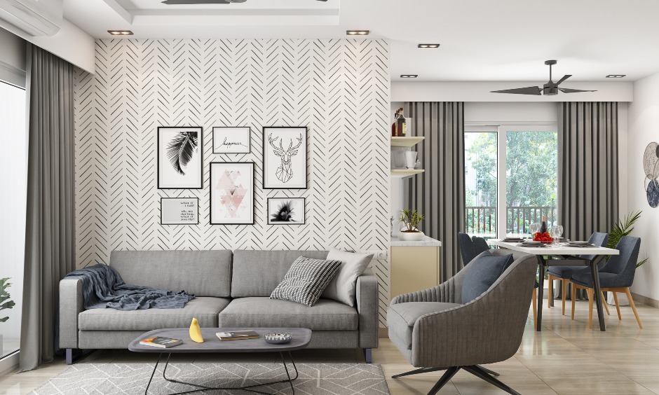 Open scandinavian living room in white and grey