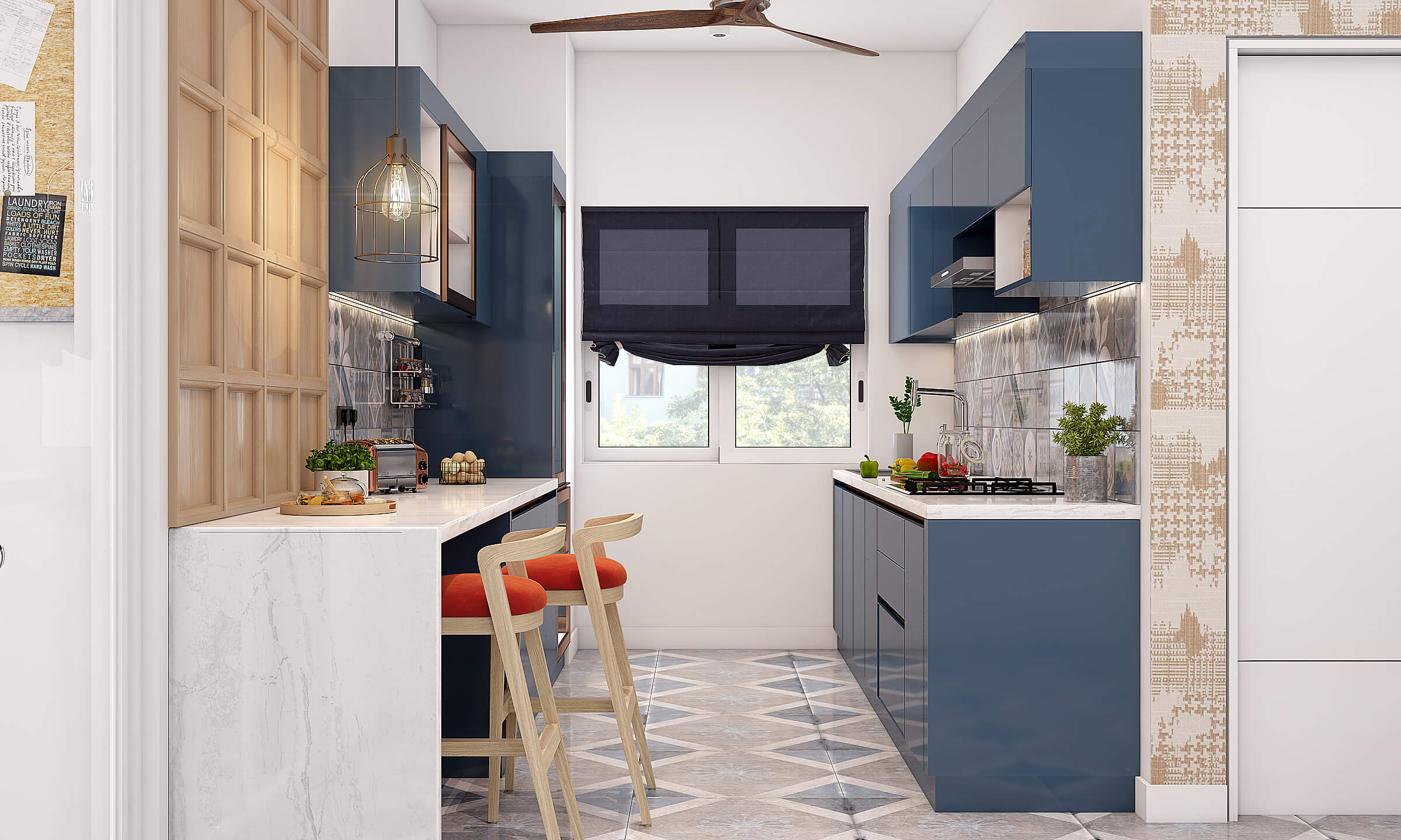 Navy blue and white parallel modular kitchen
