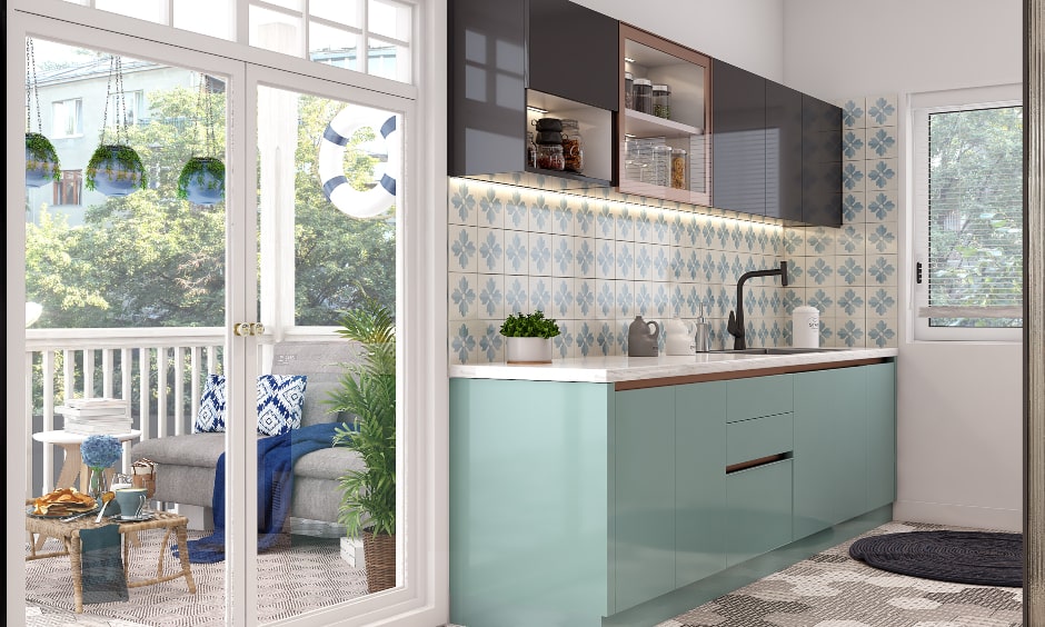 Parallel kitchen design with a door leading to the balcony