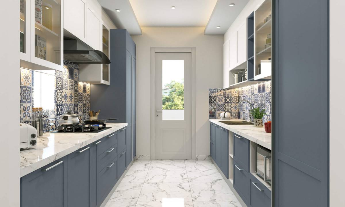 Parallel modular kitchen design in blue and white that helps in modular kitchen cost estimation