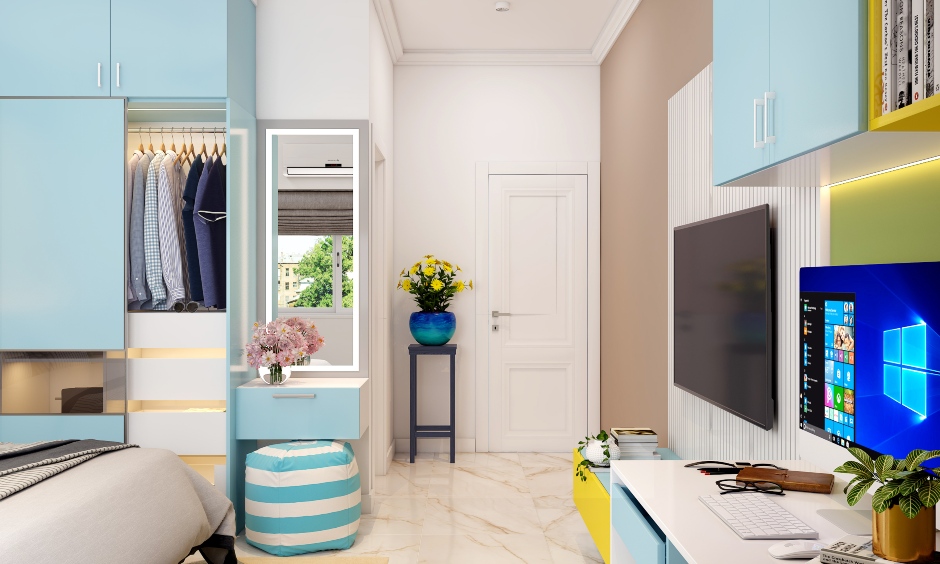 Pastel bedroom wardrobe with attached dresser has LED light mirror