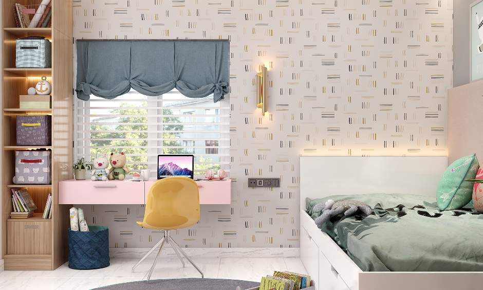 A pink wall-mounted study unit with drawer for girls kids room