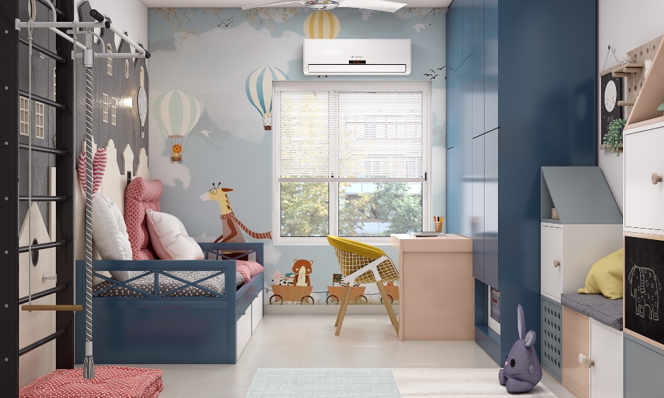 Playful kids room with space-saving furniture
