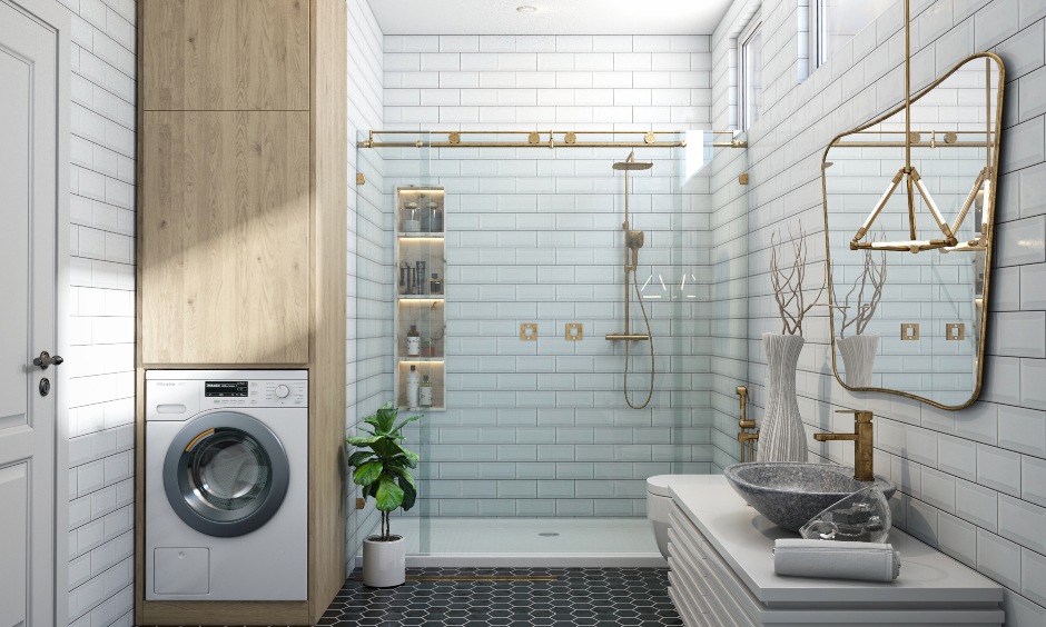Retro style bathroom with shower cubicle, gold shower fixtures, and wall niches.
