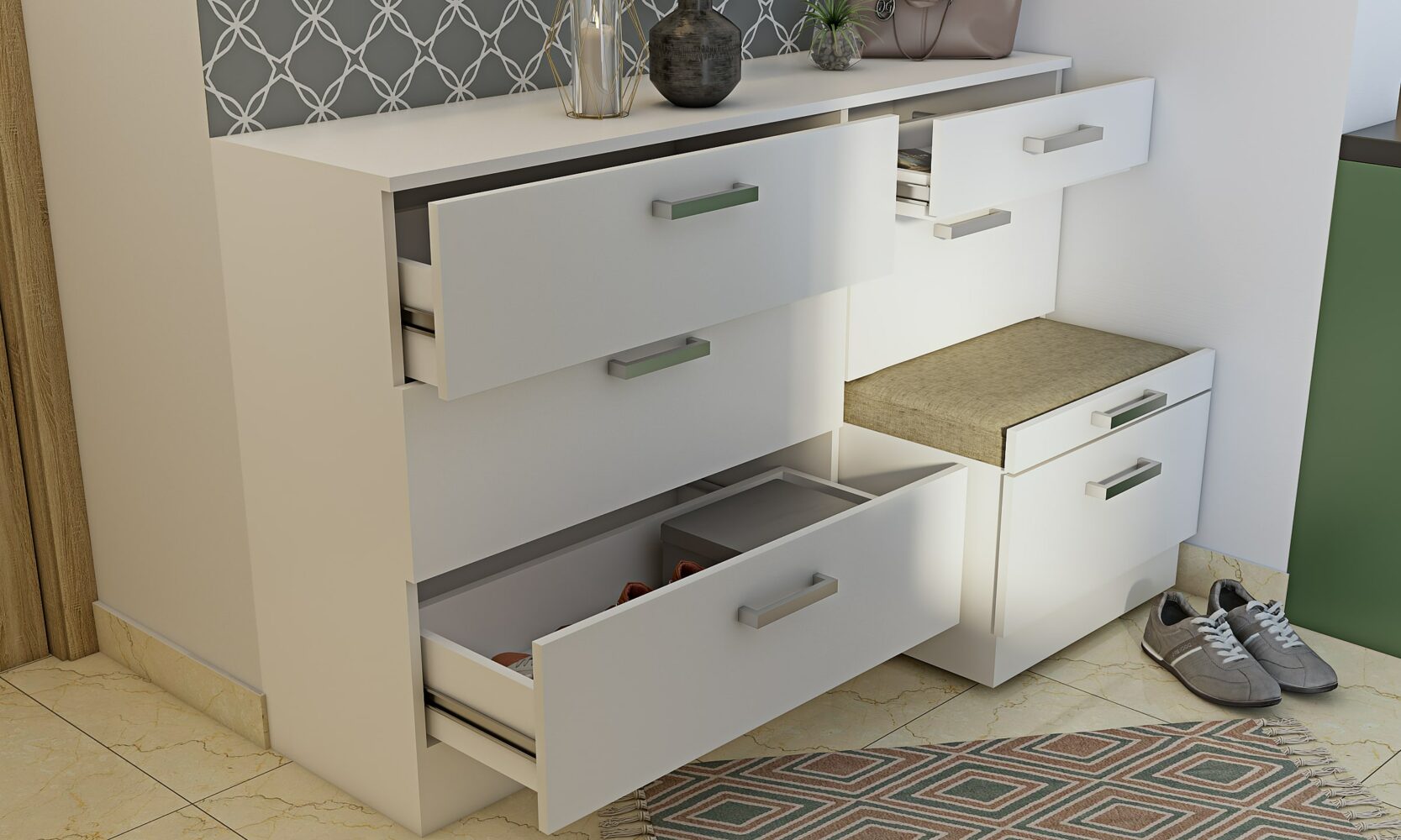 Side cabinet with ottoman seating and 6 cabinet drawers for storage, its is a best storage solution for small homes