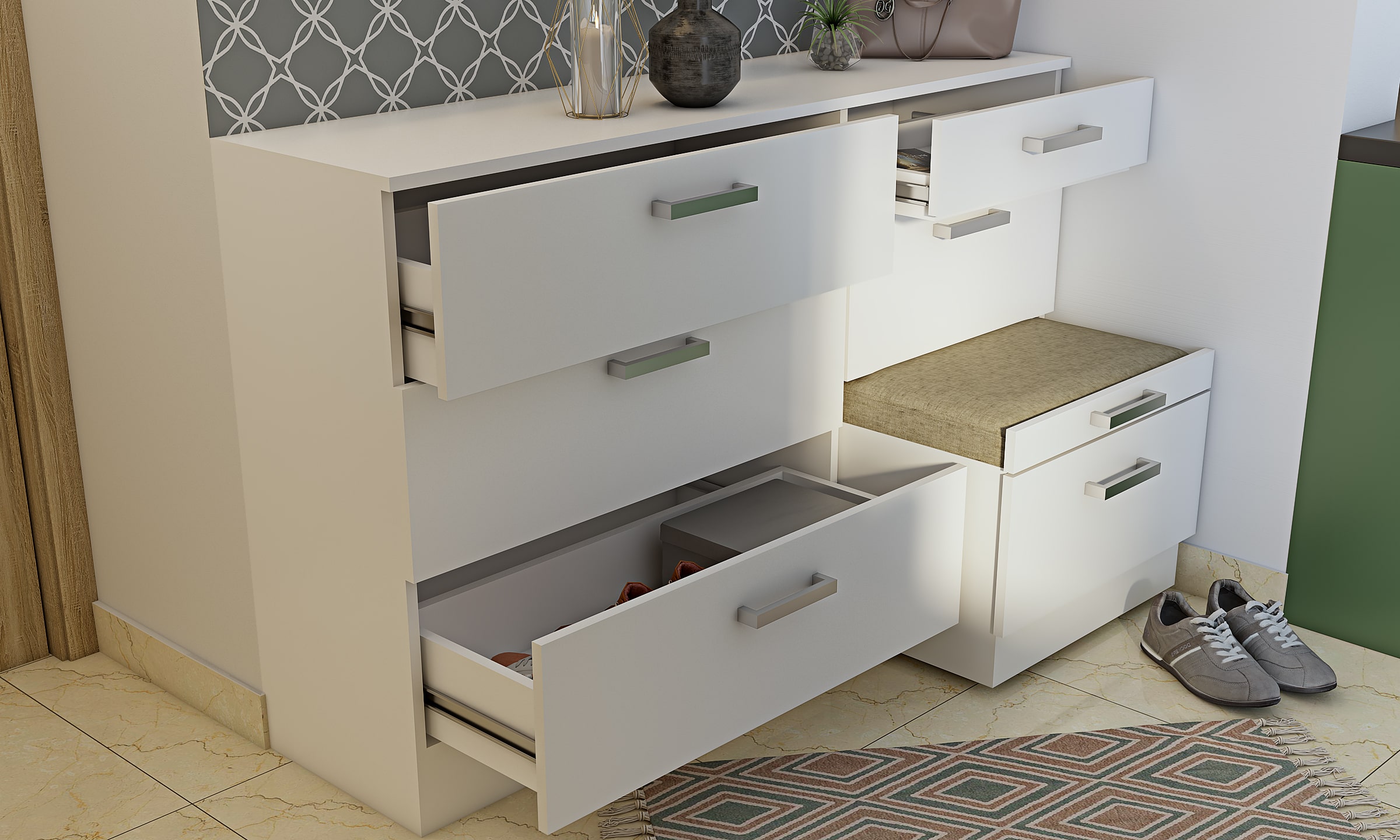 Side cabinet with ottoman seating and 6 cabinet drawers for storage, its is a best storage solution for small homes