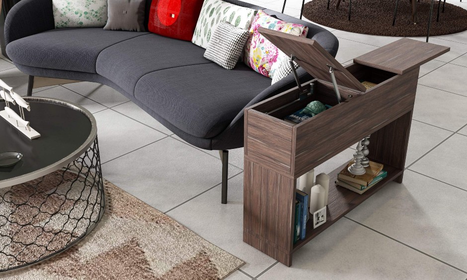 Side table design with a flip up top with storage and open shelf