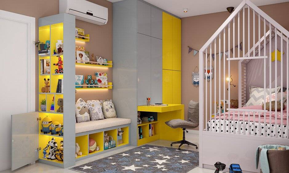 Space saving kids bedroom designed with soft rug with stars adds