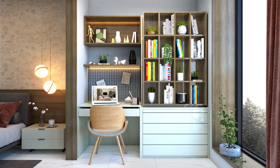 Small home office design in the bedroom comes with a book cabinet and open shelves