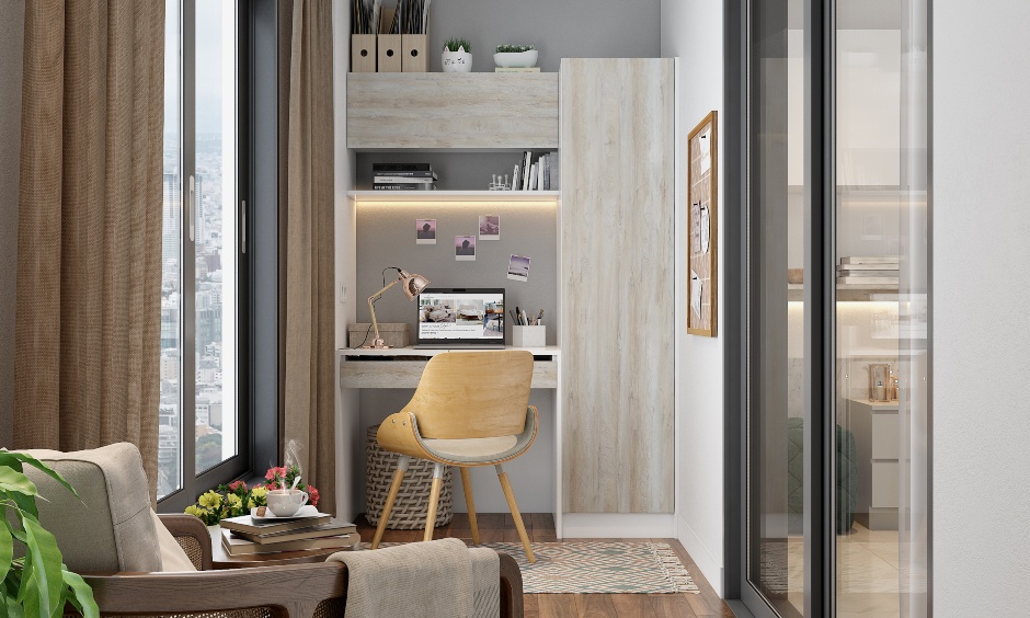 Small home office design with book cabinet and floating shelves is perfect for tiny apartments