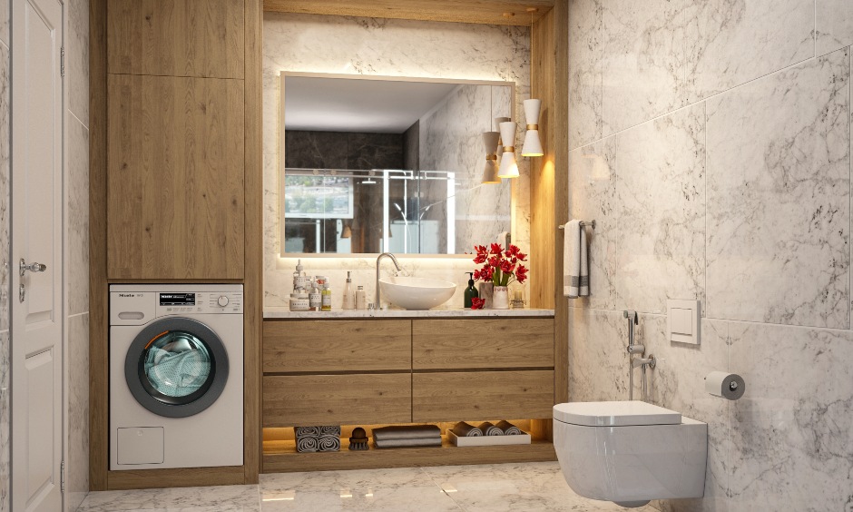 White and brown small modern bathroom with customised vanity, laundry section, and mirror back lighting.