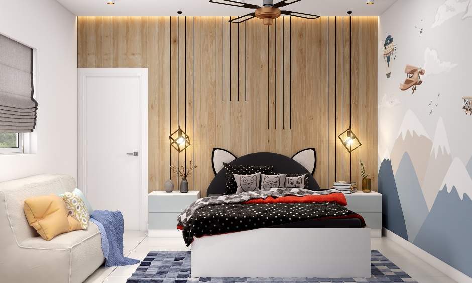 A soothing kids bedroom design with travel-inspired wallpaper