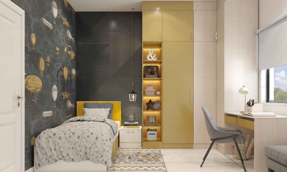 Cosmic-themed kids' bedroom with space-saving furniture