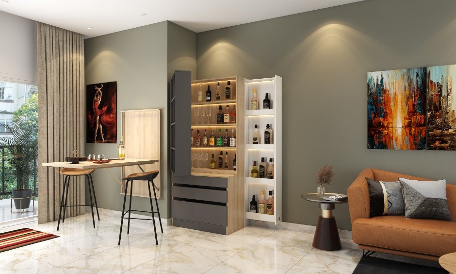 Space saving living room with a multi-functional liquor cabinet and a foldable bar counter