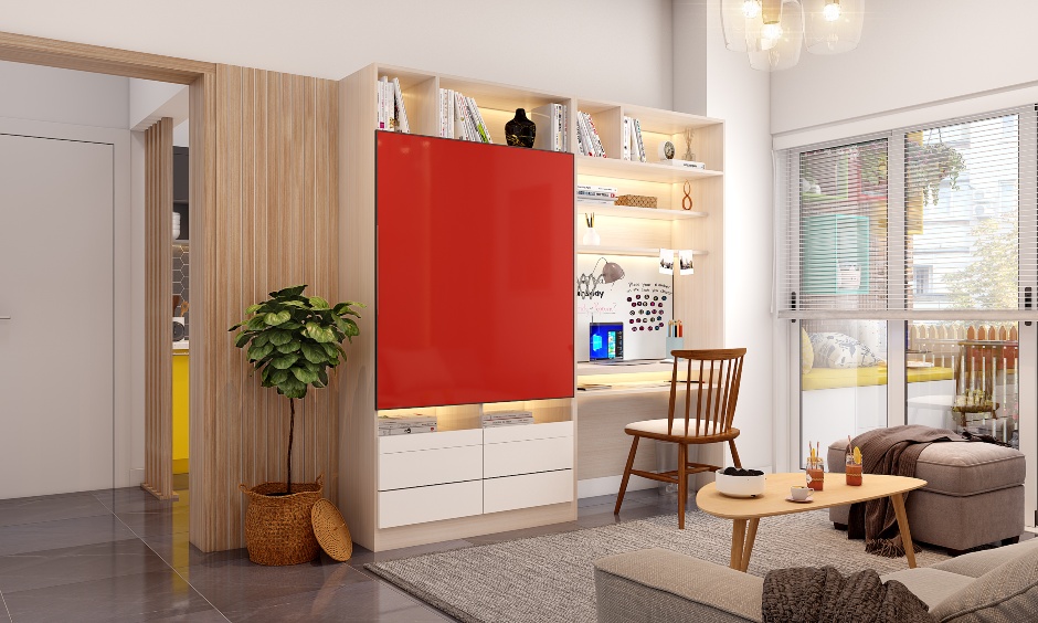 Space-saving living room tv unit cum study unit that can be concealed by a sliding door when not in use