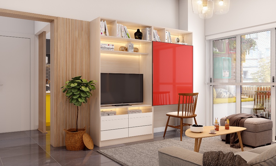 Space-saving living room with multi-purpose tv unit in light wood finish