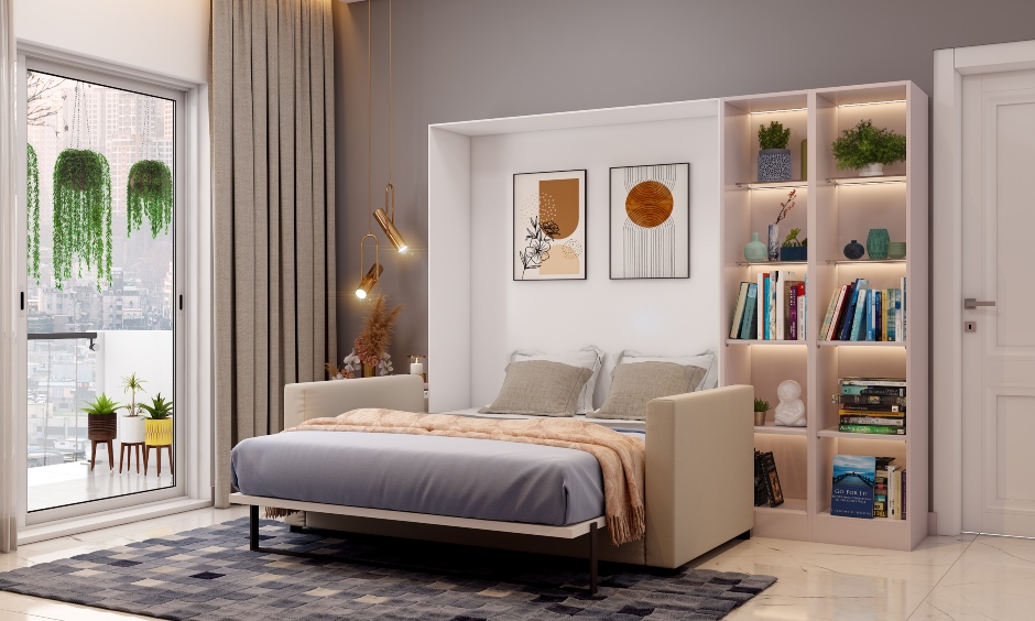 Space-saving modern bedroom with a murphy bed that can be used as a sofa