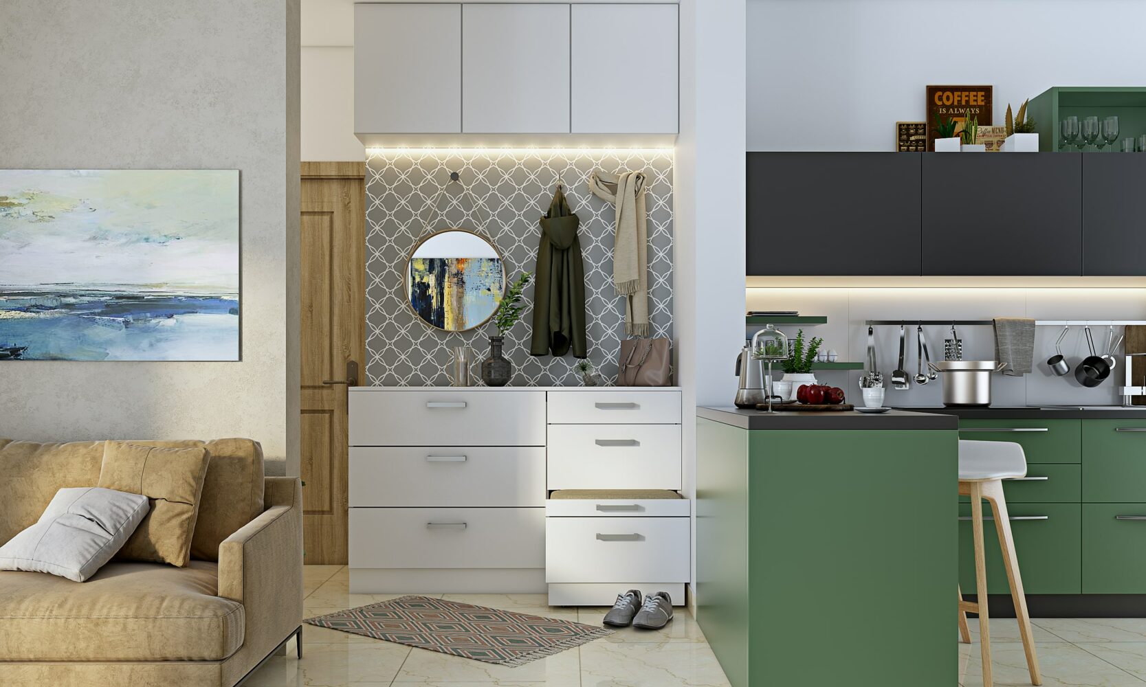 Space saving side cabinet design with an in-built seating and storage