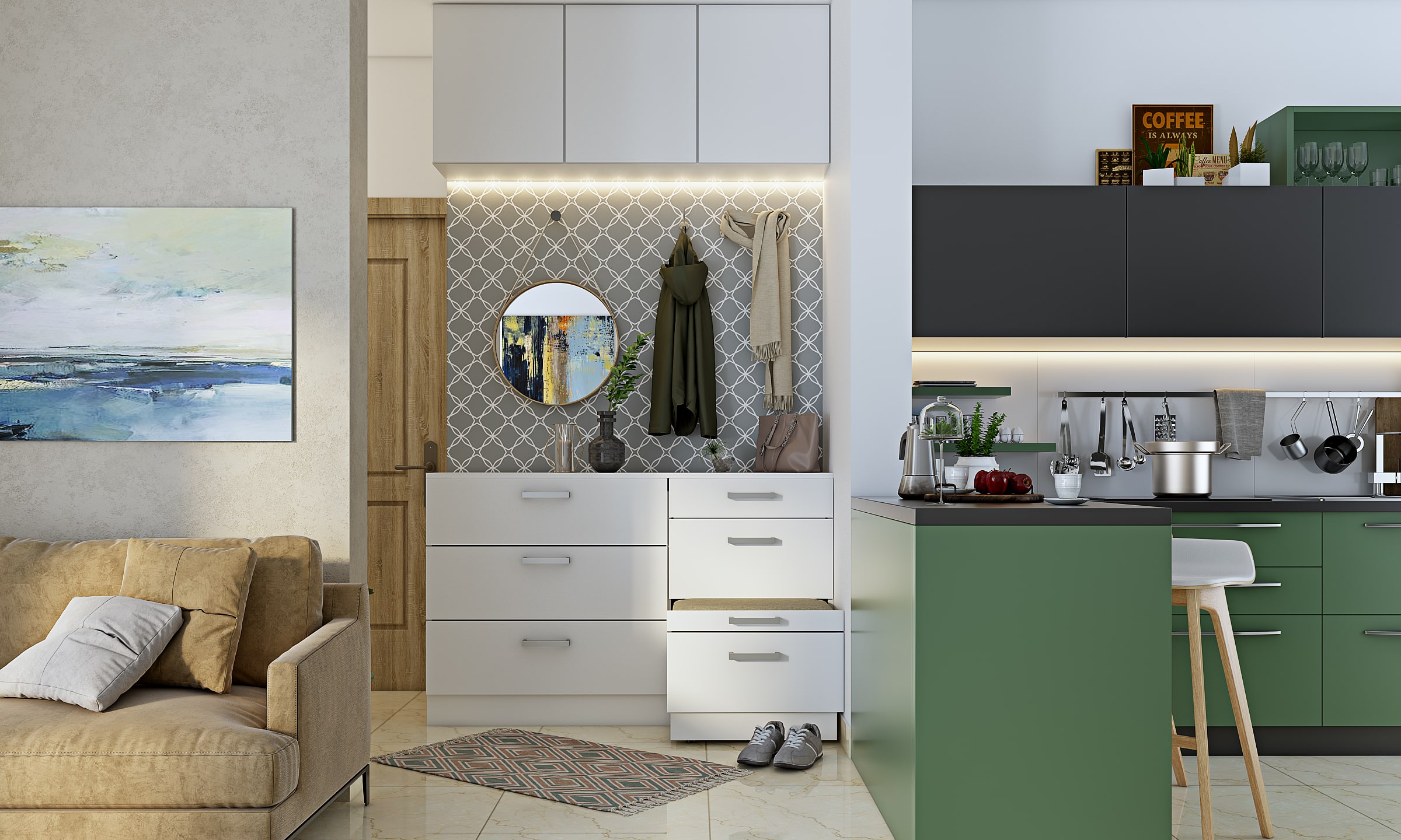 Space saving side cabinet design with an in-built seating and storage