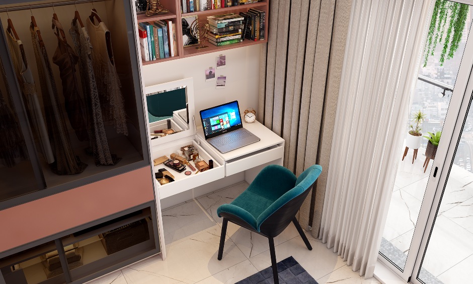 Space-saving wardrobe with attached study unit comprises a desk with lift-up vanity