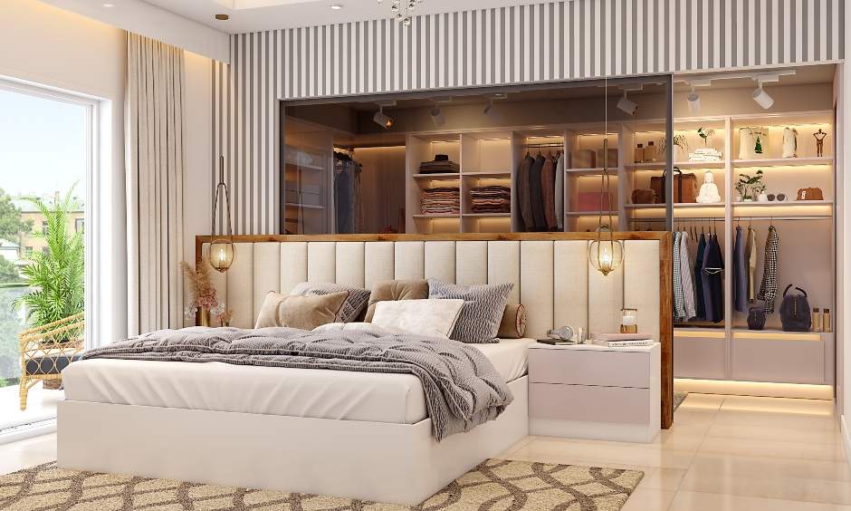 Spacious bedroom bed with short tufted headboard