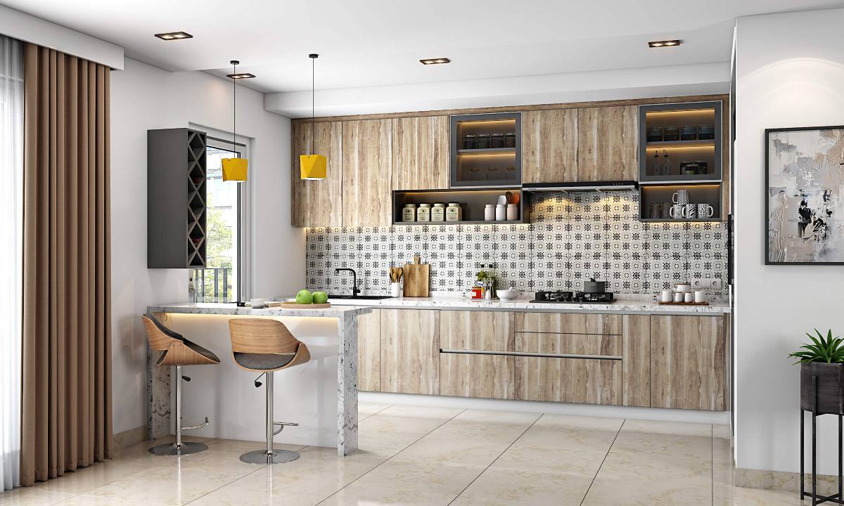 Straight kitchen with brown cabinets and breakfast counter