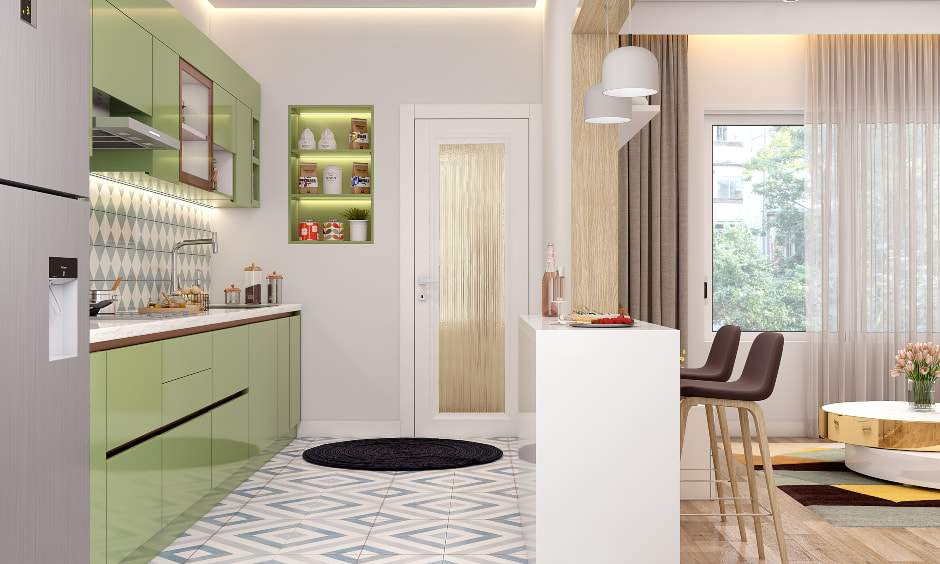 Straight kitchen design with sage green laminate finish cabinets