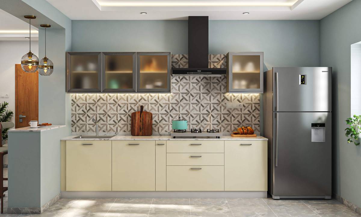Straight kitchen with patterned backsplash and glass shutters