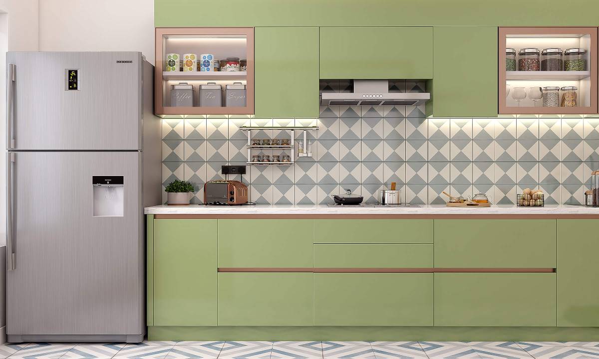 Light green handleless straight modular kitchen layout useful for kitchen cost calculator comparison