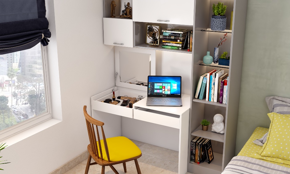 A functional and stylish study unit featuring a hidden vanity unit