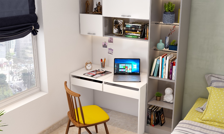 A study unit with a ladderback upholstered chair in natural wood and vibrant yellow fabric completes the look