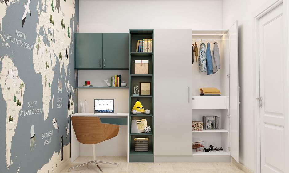 Travel inspired kids bedroom with work station and wardrobe