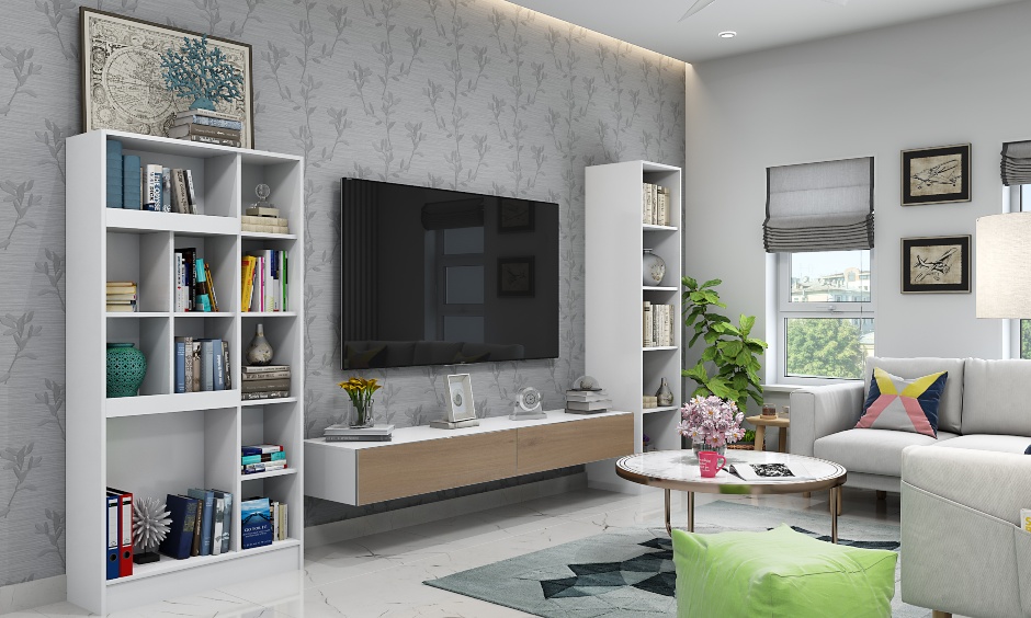 Grey living room wallpaper in vertical stripe with TV unit features a floating box cabinet