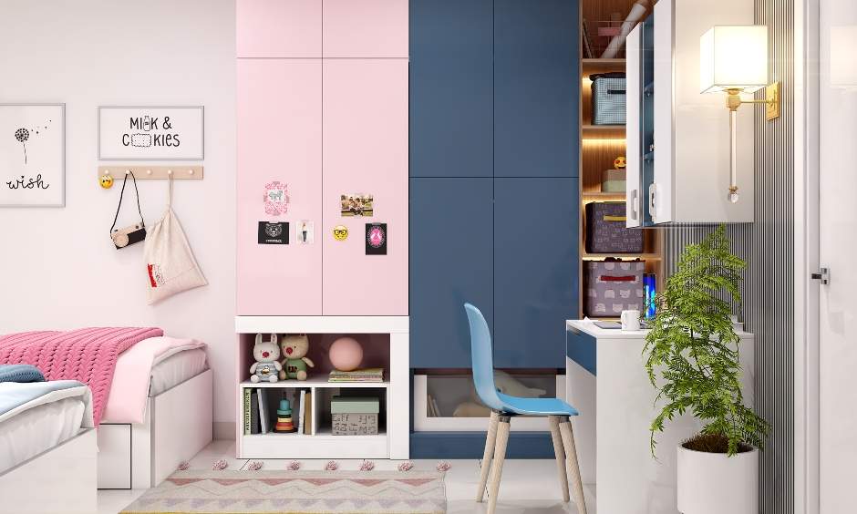 Twin kids bedroom wardrobes in pink and blue with build-in shelves