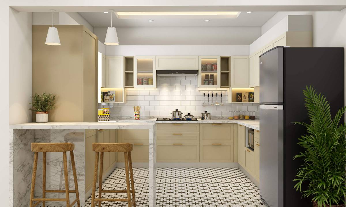 Beige and cream U-shaped kitchen with pendant lighting