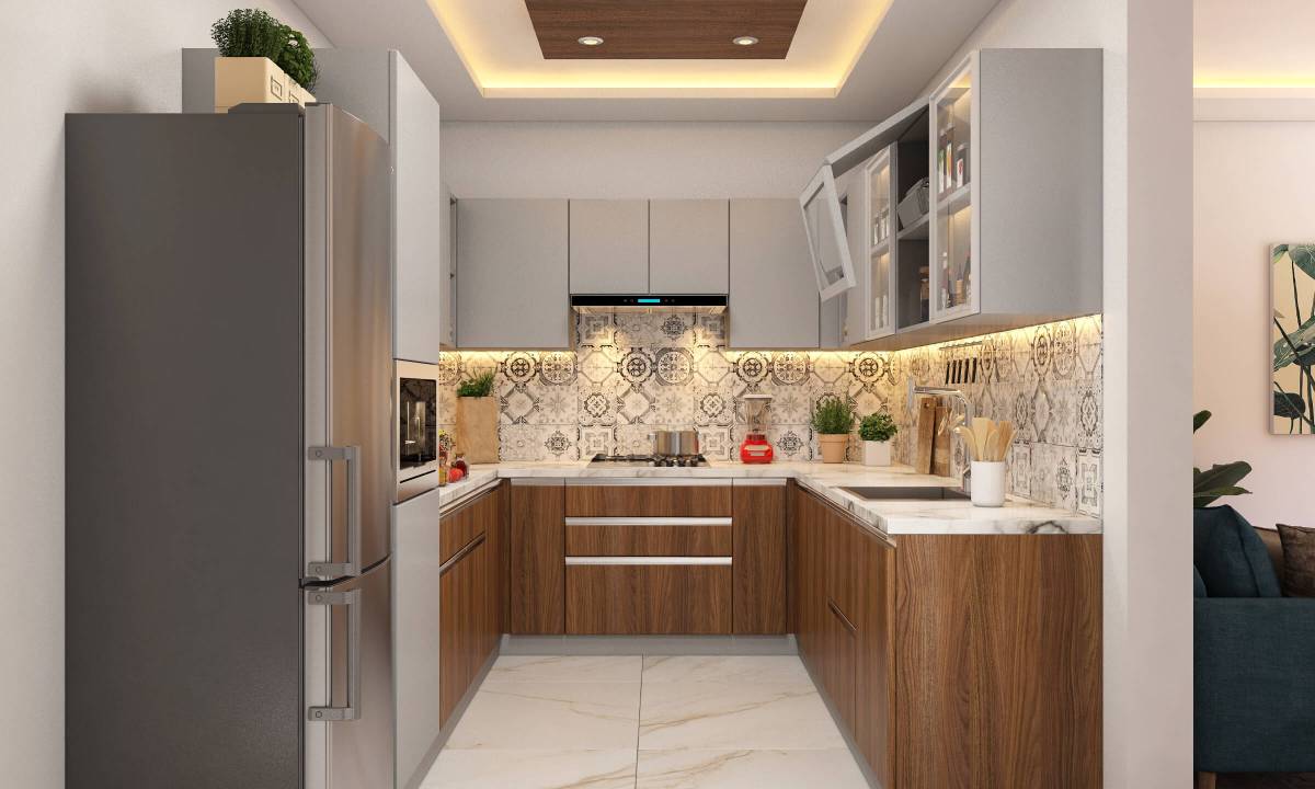 Warm wood and grey U-shaped modular kitchen interior