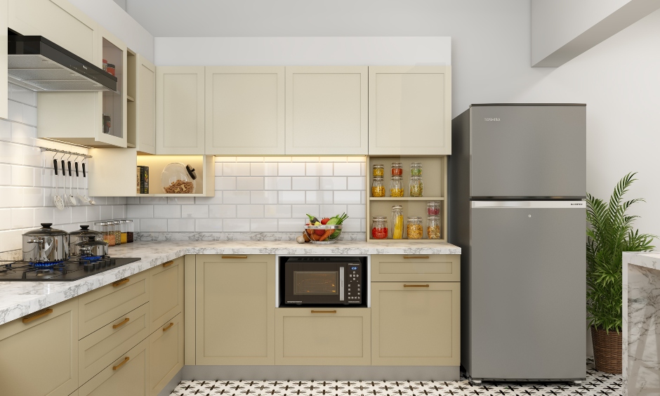 U-shaped modular kitchen features dado tiles