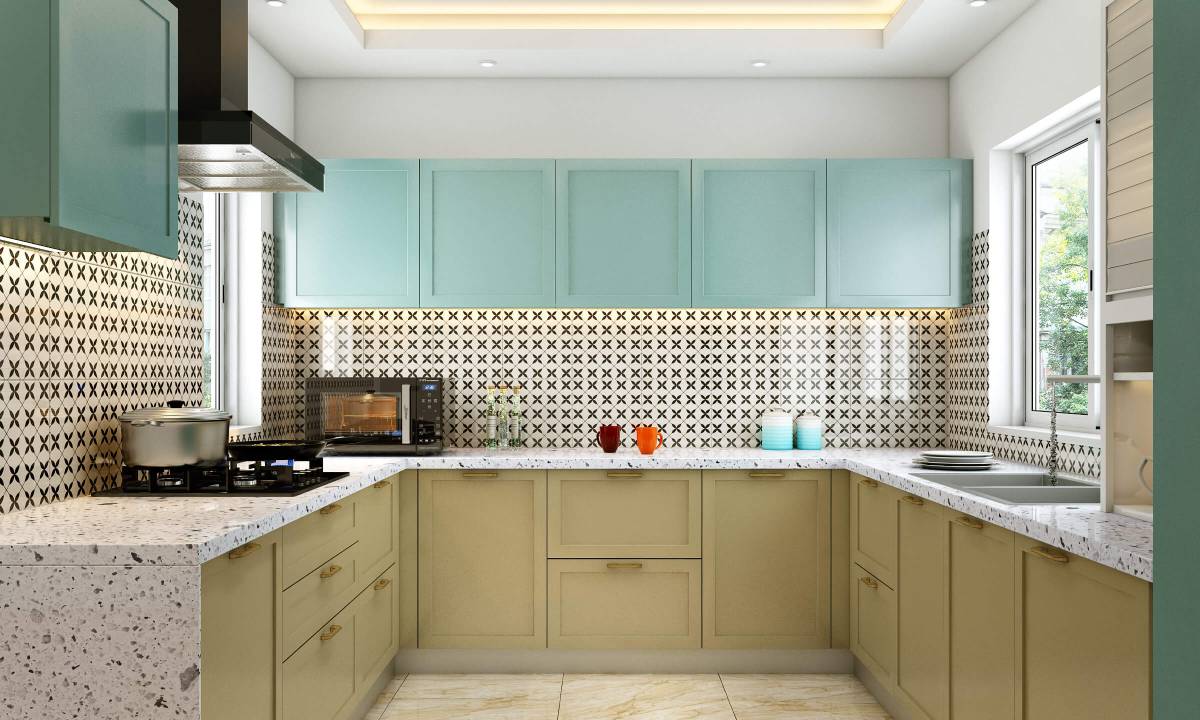 U-shaped modular kitchen design in soft blue and beige with layout for kitchen cost estimates