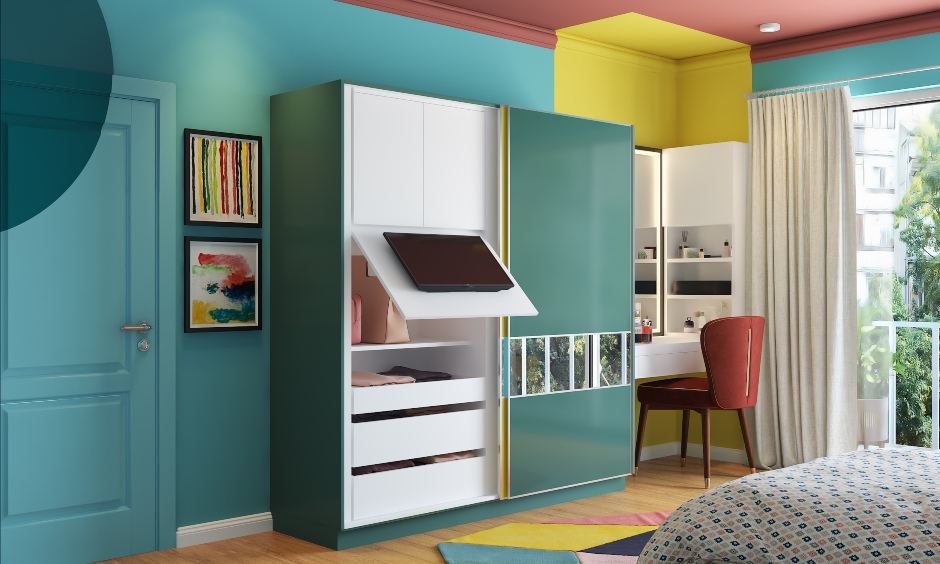 Wardrobe design ideas where sliding doors and the TV unit with hidden storage add to the functionality of the space