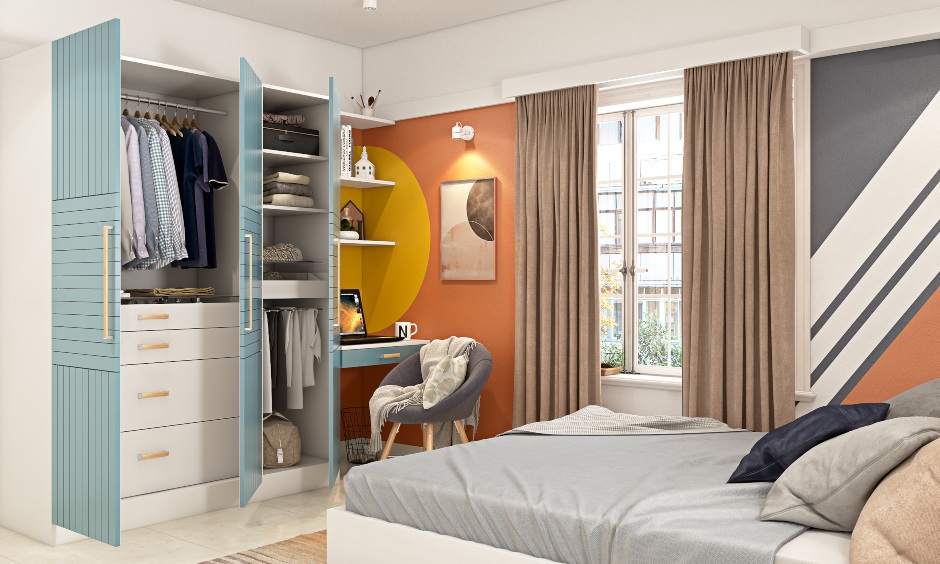 Wardrobe design with three-door wardrobe with chest of drawers, a trouser rack and shelves
